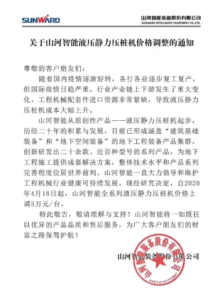 关于龙8头号玩家智能液压静力压桩机价钱调解的通知